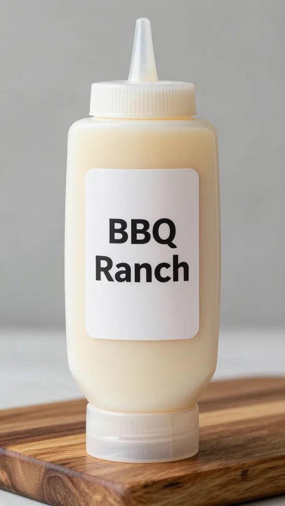 squeeze bottle labeled bbq ranch on butcher block
