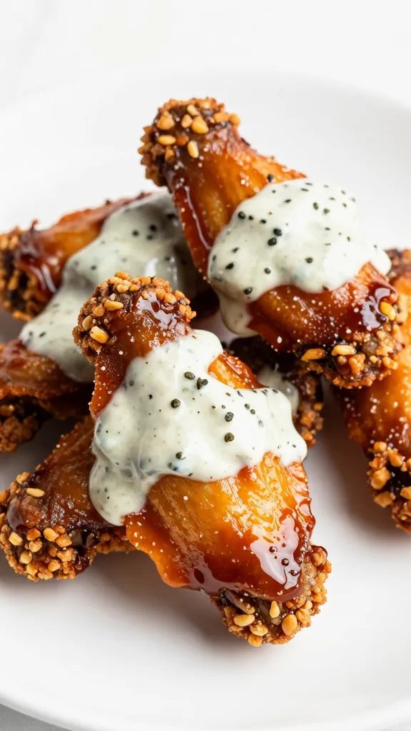 Crispy wing draped with smoky ranch BBQ glaze