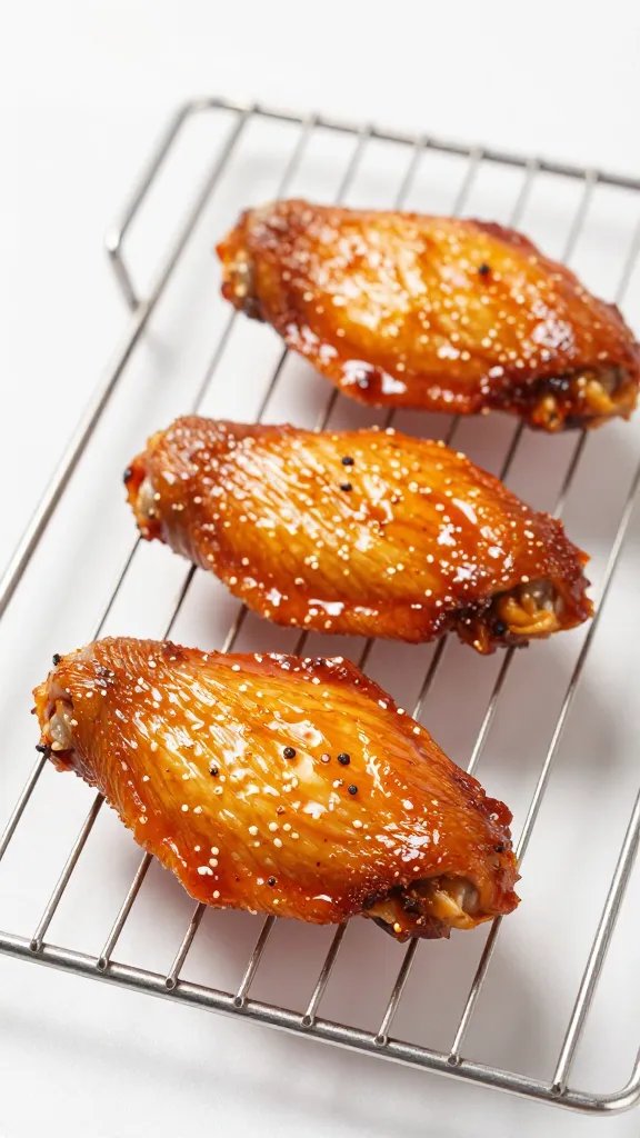 Sauce-coated wing resting on ridged wire rack