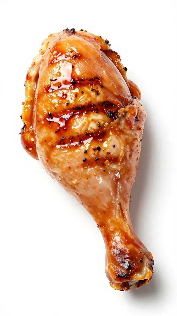 Sauce-clung grill marks on single chicken drumstick