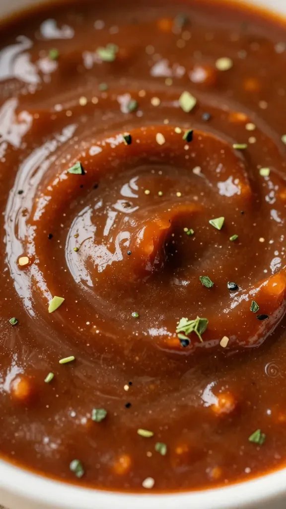 Closeup ranch-herb flecks in glossy BBQ sauce