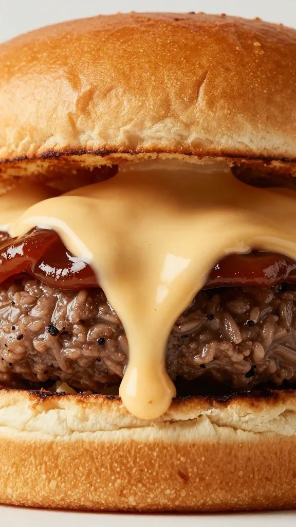 closeup of burger with bbq aioli drip on brioche