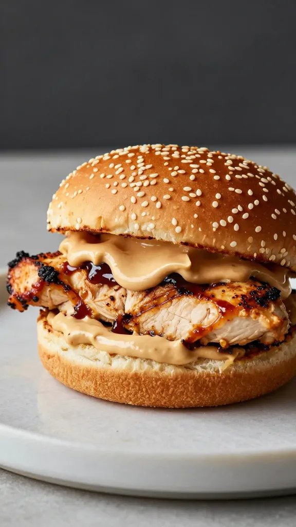 grilled chicken sandwich smeared with bbq aioli, sesame bun