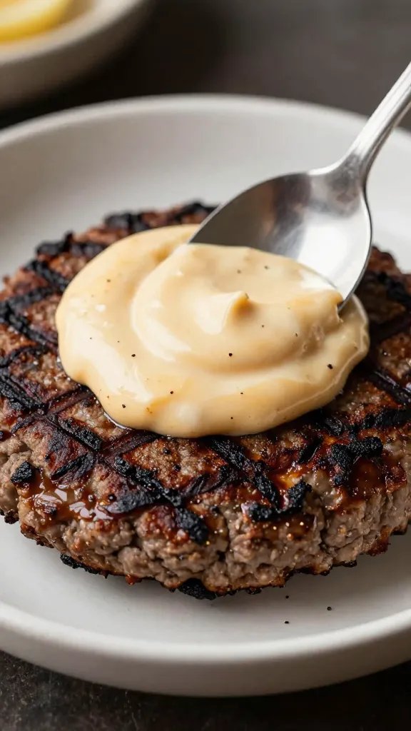 spoonful of bbq aioli over charred burger patty