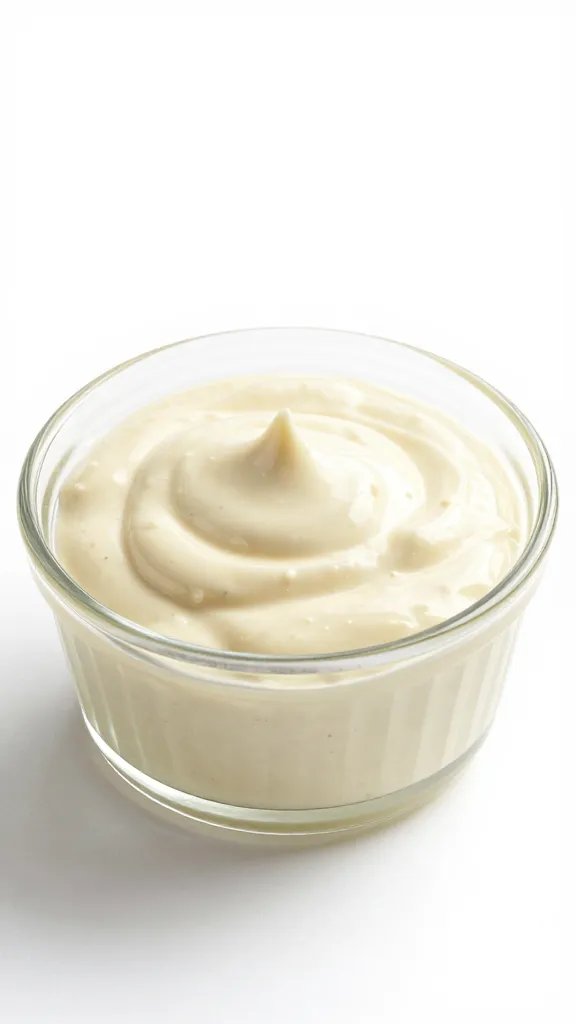 glass ramekin of bbq aioli, swirled surface