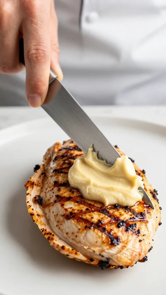 chef’s knife spreading bbq aioli on grilled chicken breast