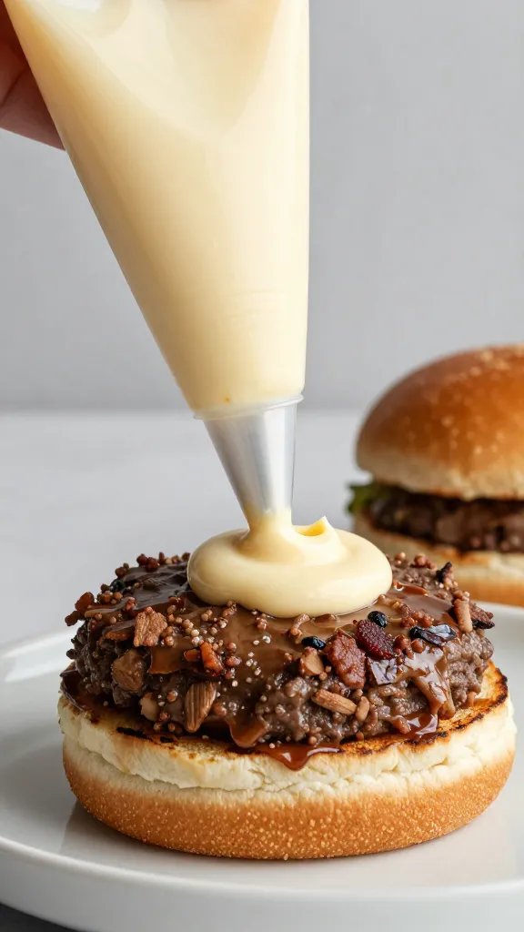 squeeze bottle tip piping bbq aioli onto burger