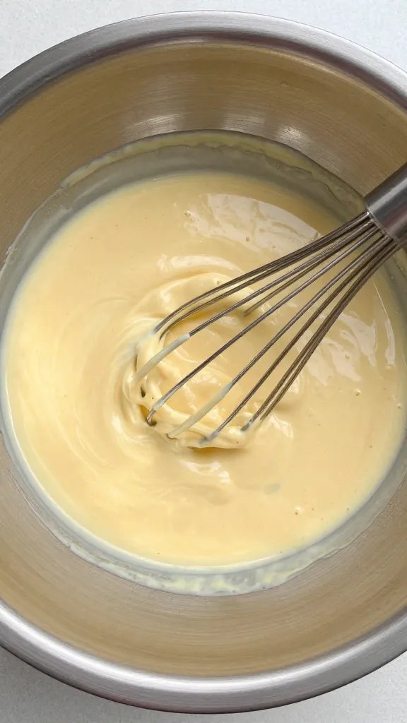 whisk in stainless bowl emulsifying bbq aioli mixture