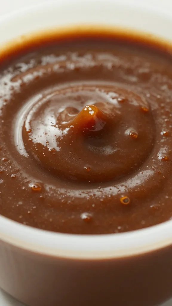 ramekin of smoky BBQ dipping sauce, glossy swirl, closeup