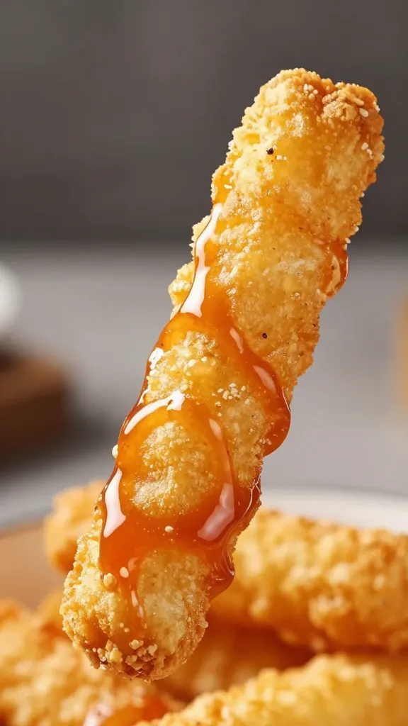 single crinkle-cut fry dipped in sauce, drip detail