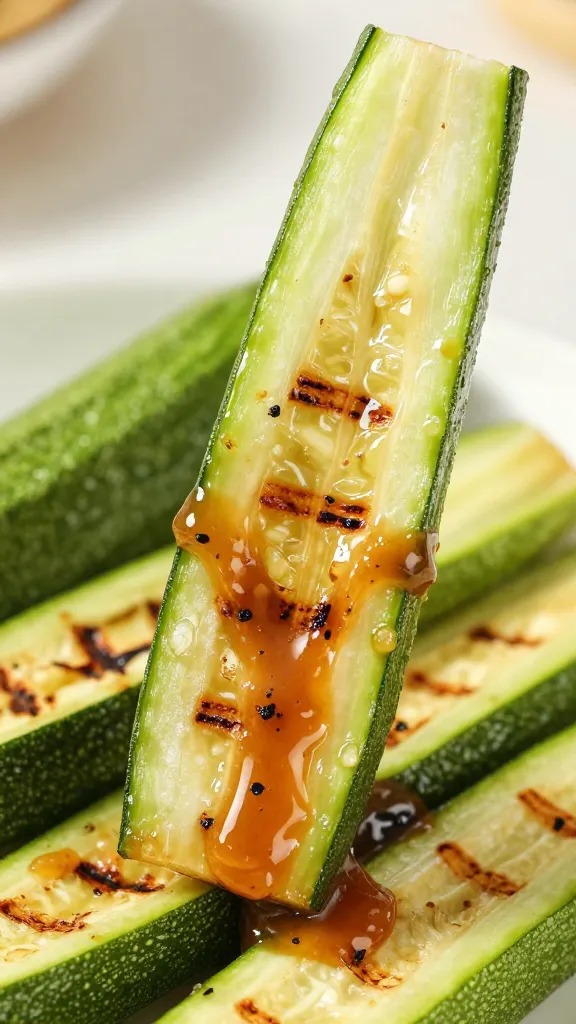 grilled zucchini spear dipped in sauce, char marks closeup