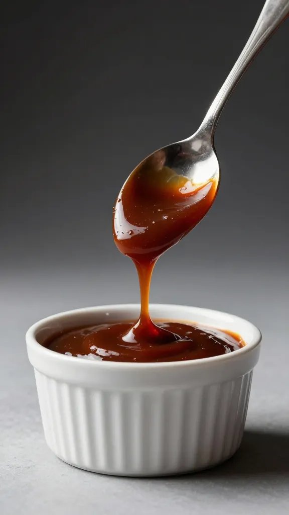 spoonful of BBQ sauce hovering above ramekin, studio light