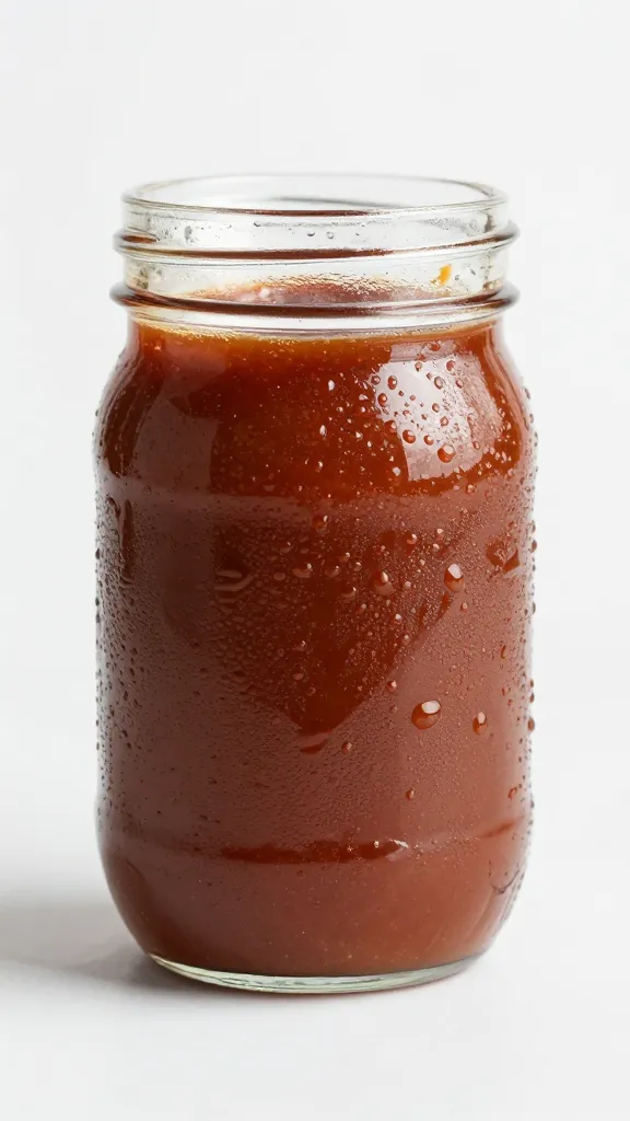 mason jar of summer BBQ sauce with condensation, tight crop