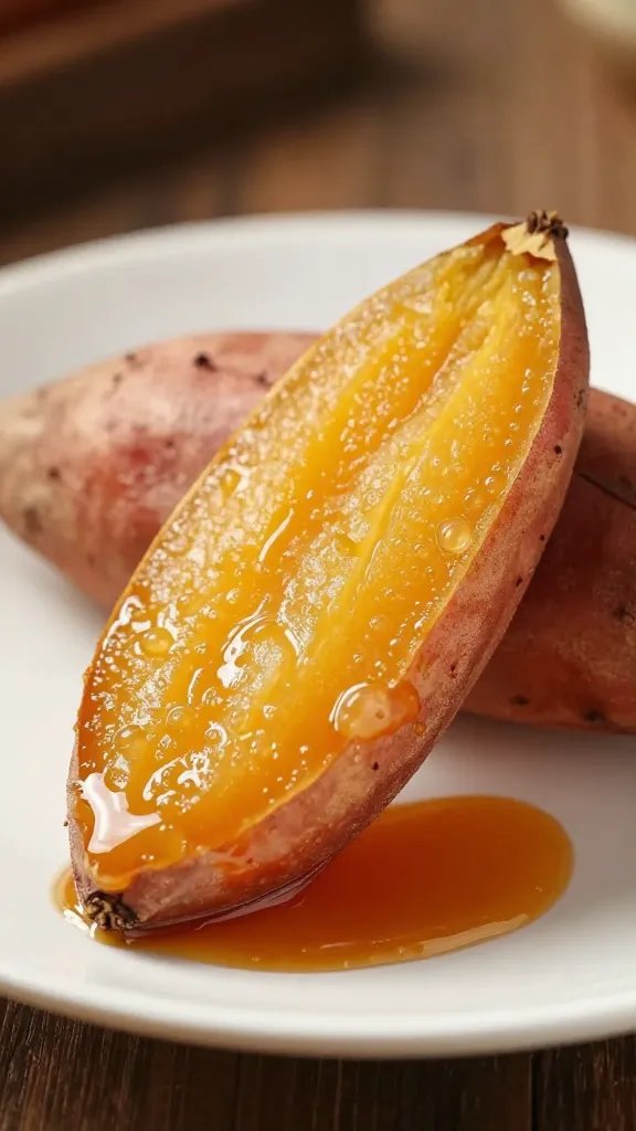 single sweet potato fry resting on sauced rim, closeup