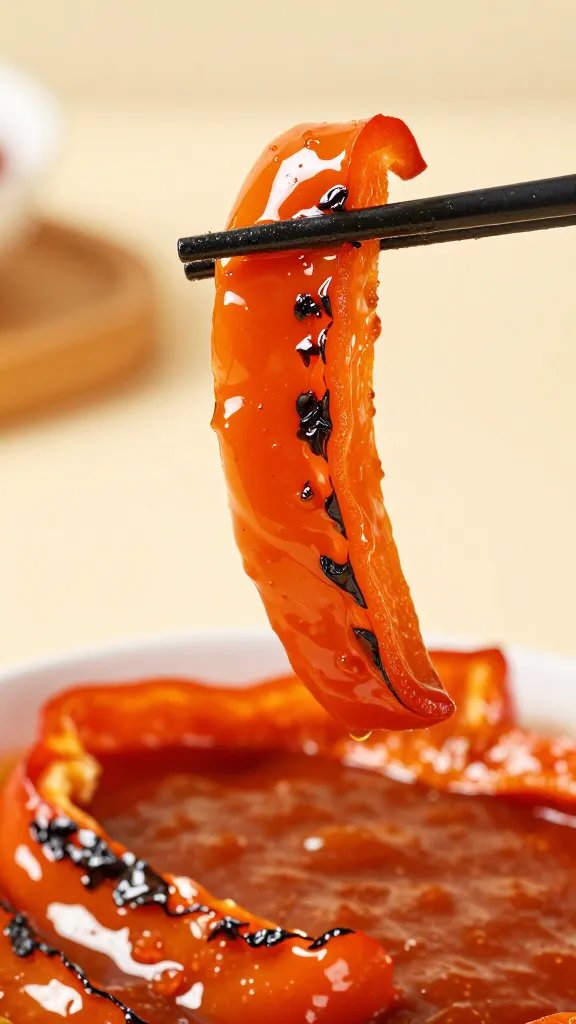 charred bell pepper strip dipped in sauce, shallow depth