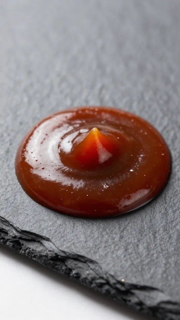 dollop of BBQ sauce on black slate, texture macro