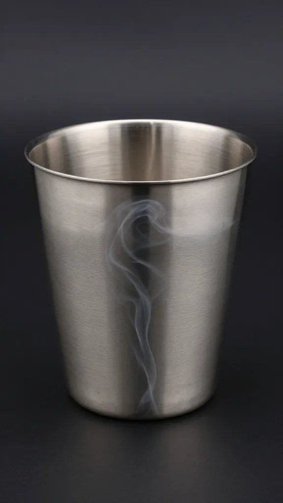 stainless sauce cup filled to rim, smoky swirl detail