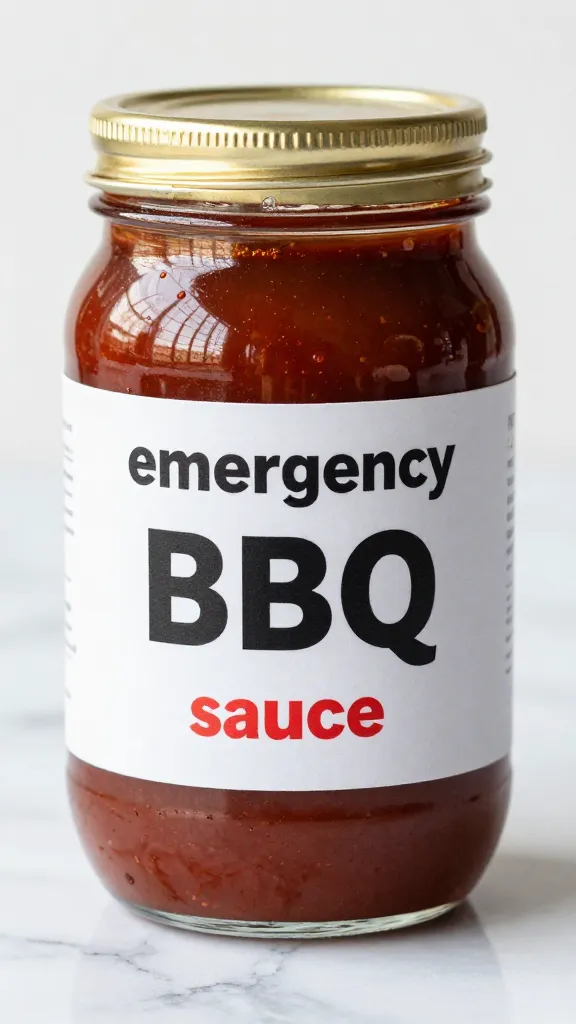 closeup jar of emergency bbq sauce on marble