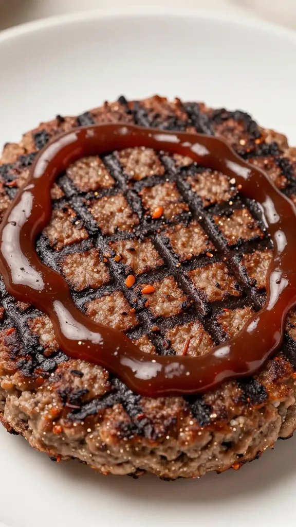 burger patty brushed with emergency bbq sauce, grill marks