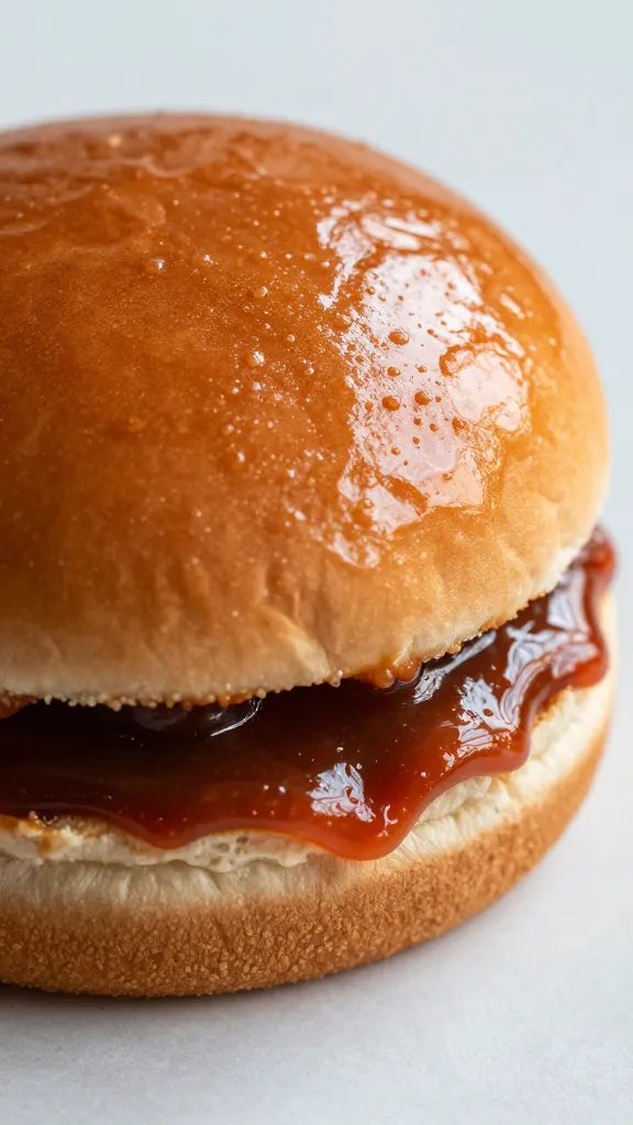glossy burger bun smeared with emergency bbq sauce