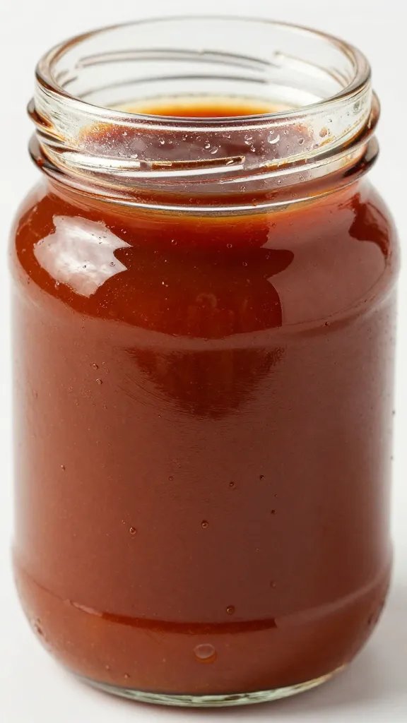Closeup jar of vinegar-based BBQ sauce, glass jar, glossy