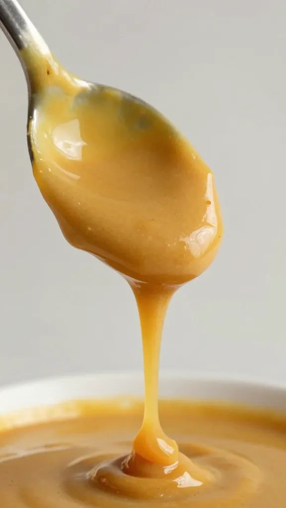 Spoon dipped in mustard-based BBQ sauce, drips, macro