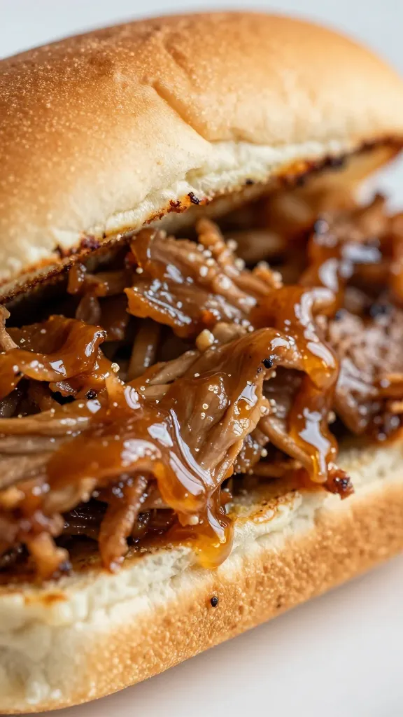 Pulled pork sandwich with vinegar sauce glaze, closeup