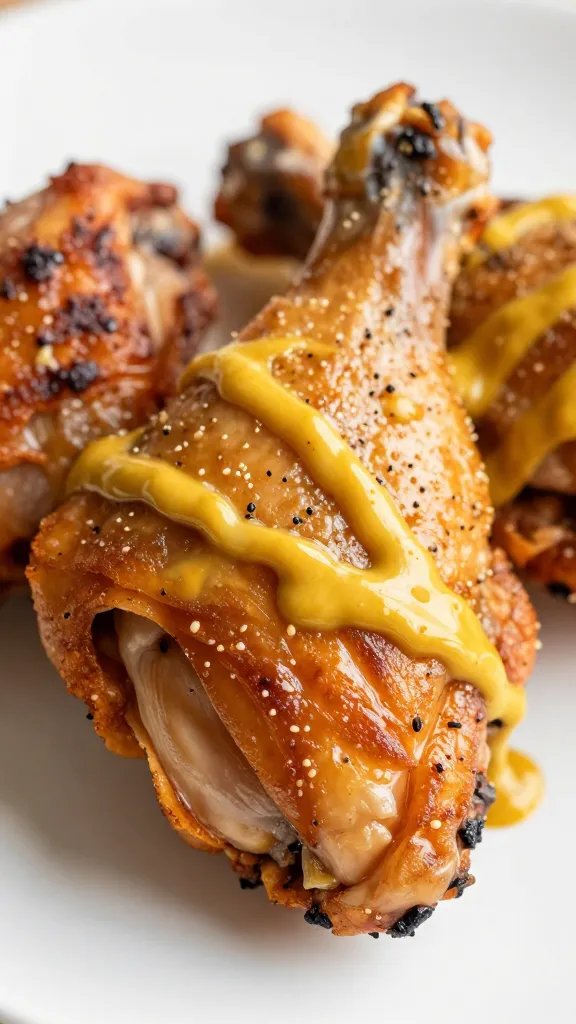 Smoked chicken thigh brushed with mustard sauce, closeup