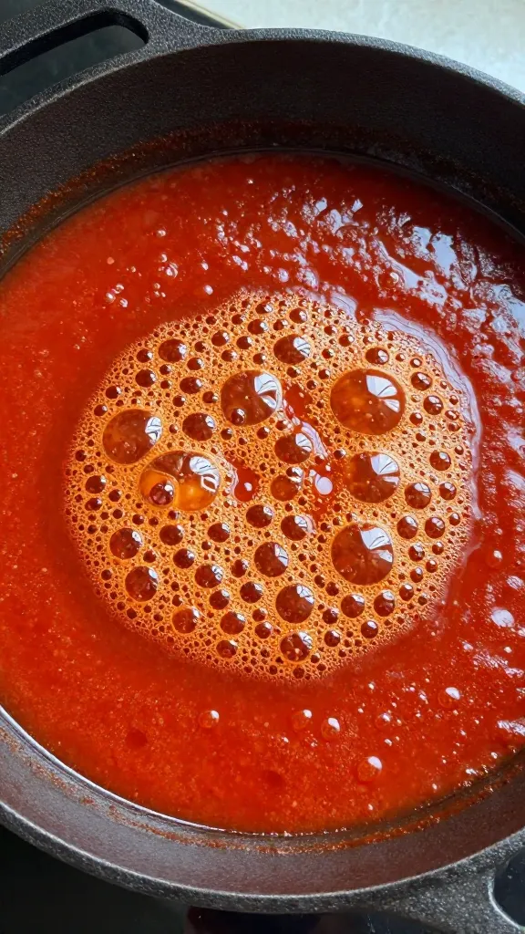 Cast-iron saucepan simmering no-tomato BBQ sauce, bubbles