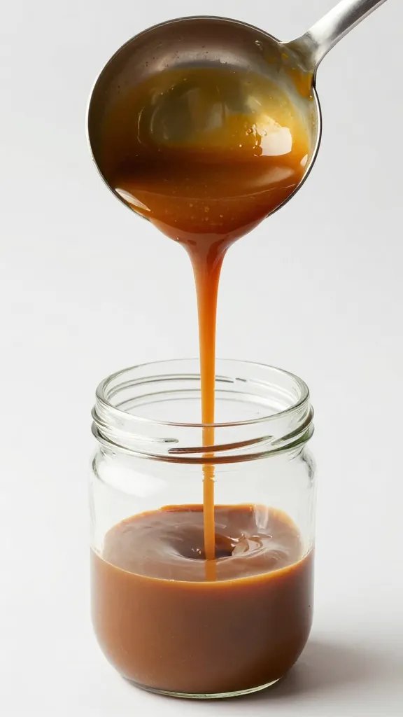 Ladle pouring mustard BBQ sauce into clear jar, studio