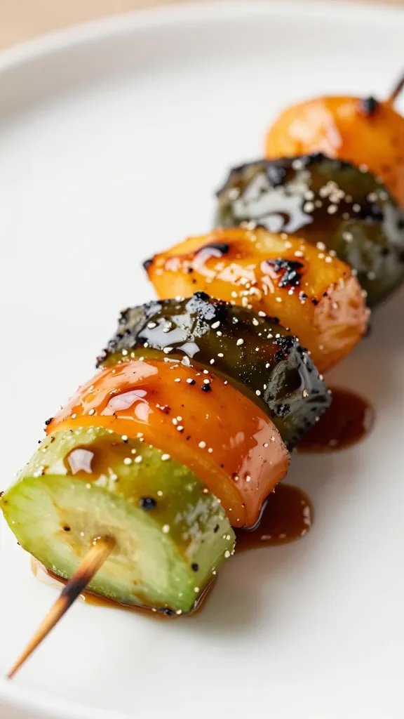 Grilled vegetable skewer glazed with vinegar sauce, closeup