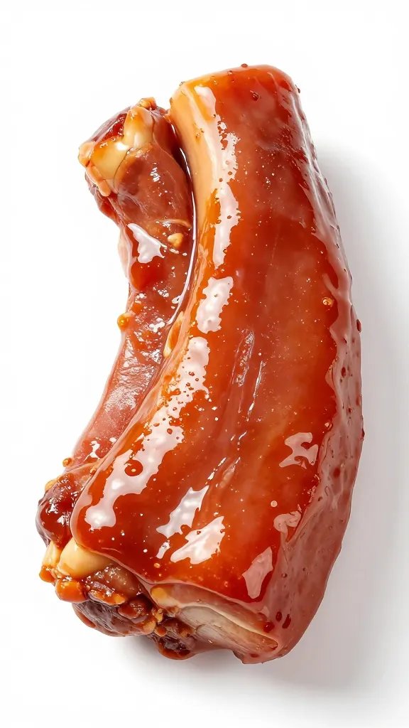 Sauce-coated pork shoulder bark, glossy sheen, tight crop