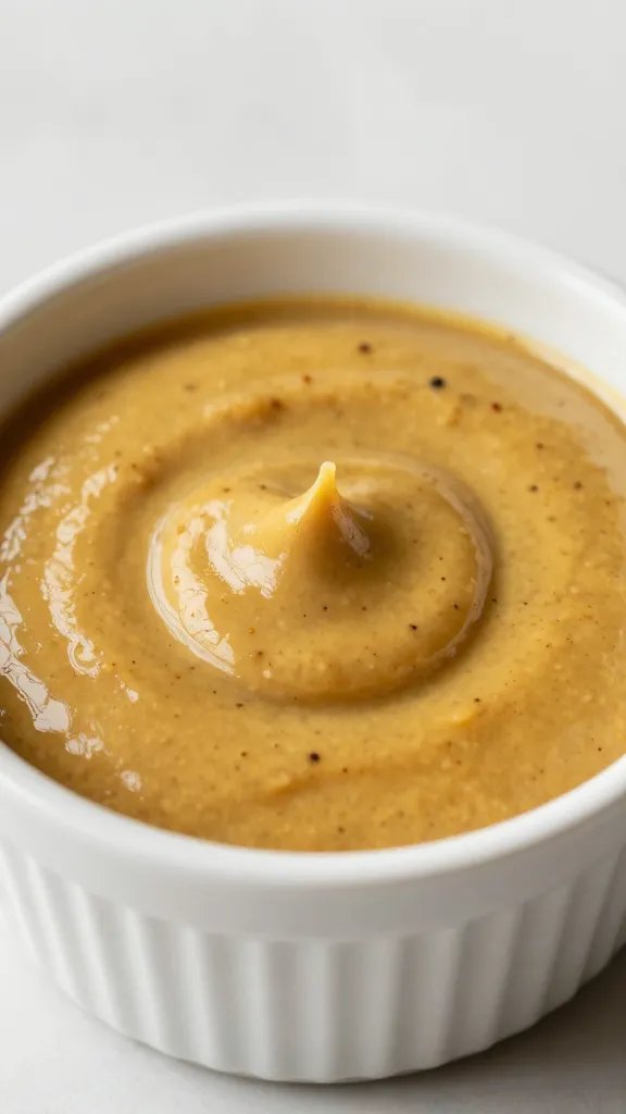 Small ramekin of mustard BBQ sauce with visible spices, macro