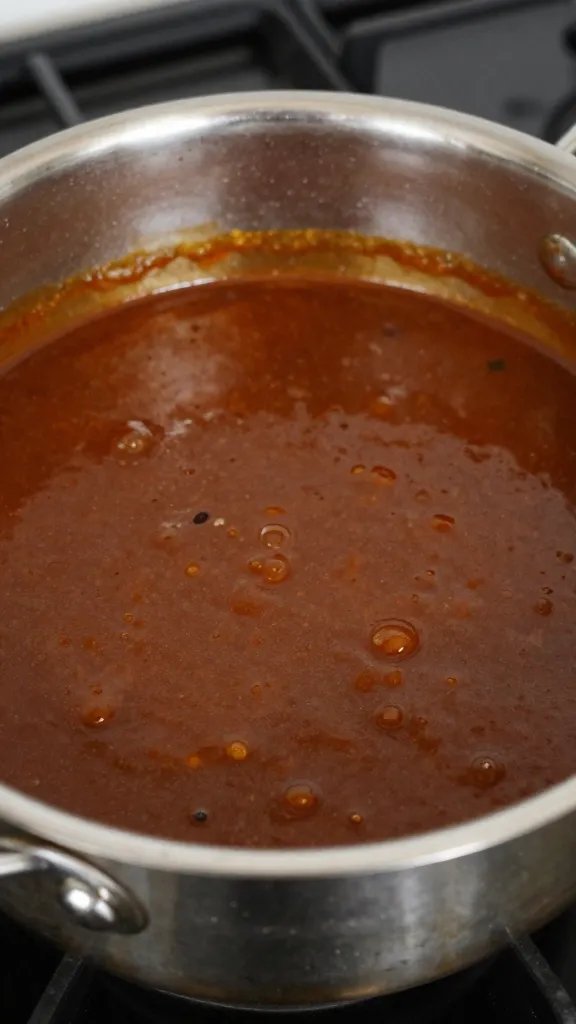 Glossy saucepan of simmering BBQ sauce, stovetop closeup