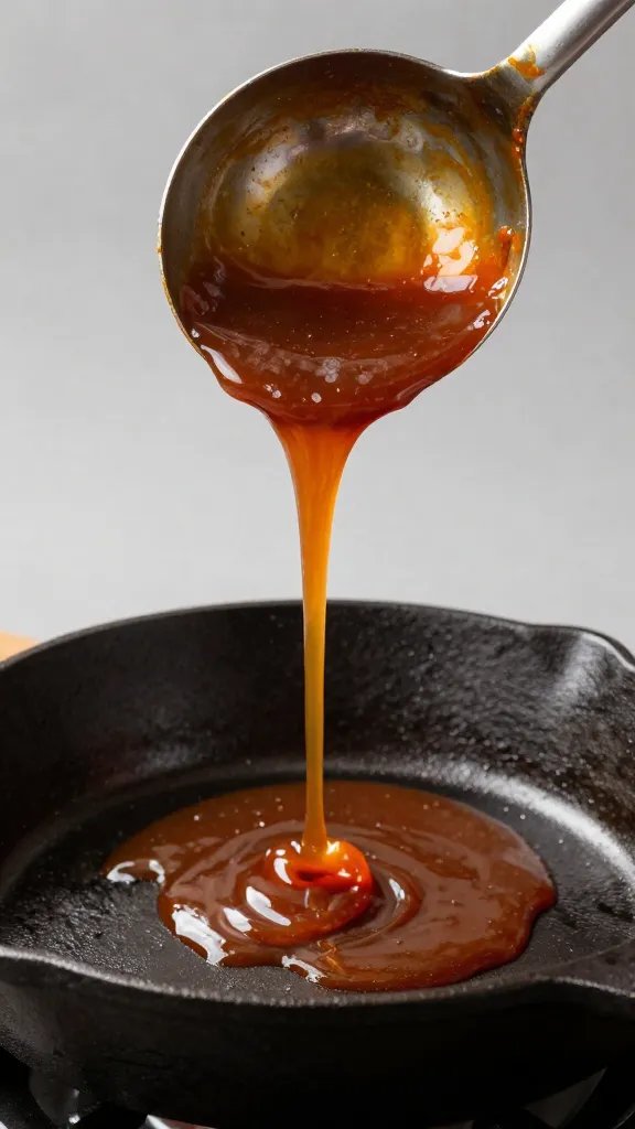 Ladle dripping thick BBQ sauce over cast-iron pan