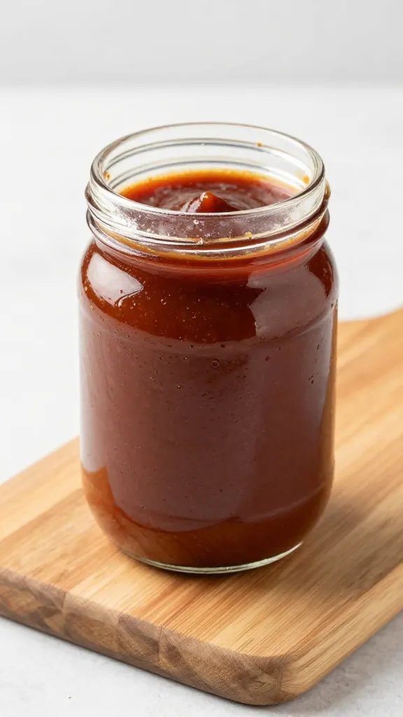 Mason jar of homemade BBQ sauce on wood board