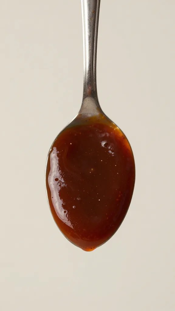 Spoonful of smoky BBQ sauce against neutral backdrop