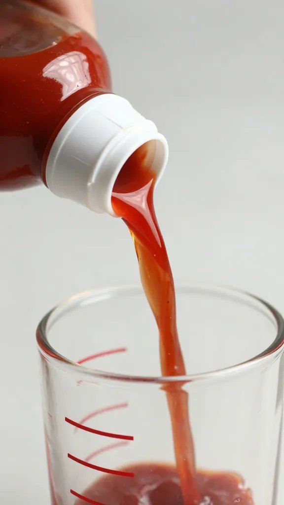 Ketchup bottle pouring into measuring cup, closeup