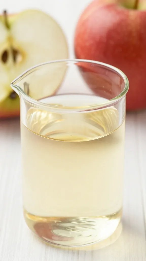 Apple cider vinegar in small glass beaker, closeup