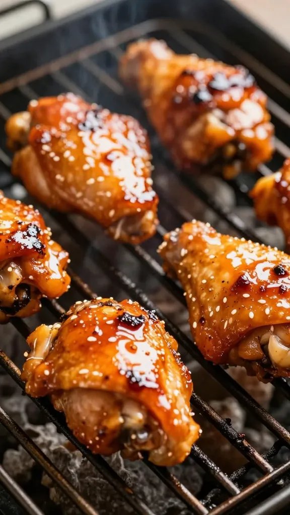 Sauce-coated chicken thigh on grill grates, tight crop