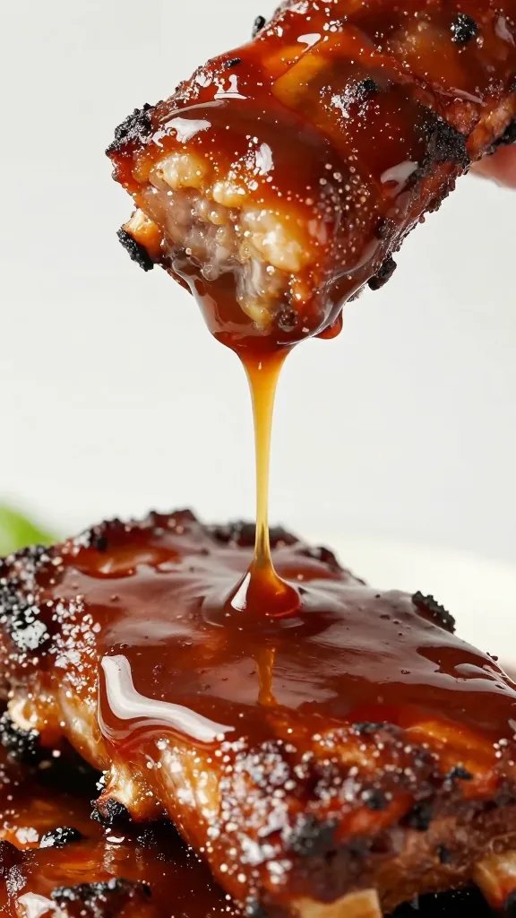 Glazed Kansas City rib tip, sauce dripping, macro shot