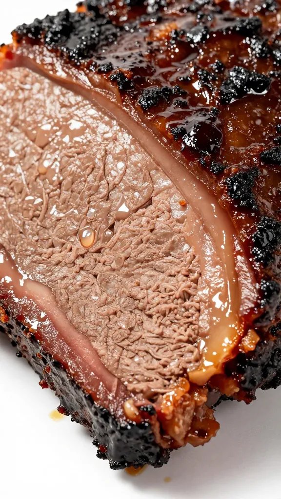Texas mop-sauced beef brisket slice, glossy bark closeup