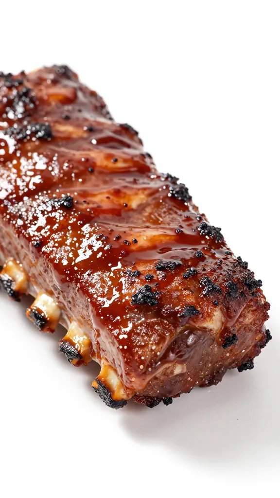 Memphis dry-rub rib end, sauce brushed edge, macro