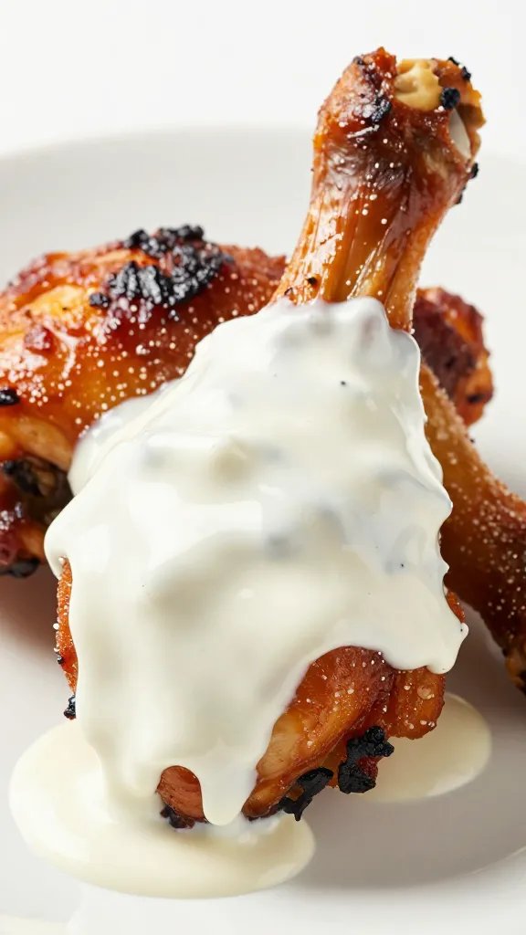 Alabama white sauce on smoked chicken drumstick, dripping closeup