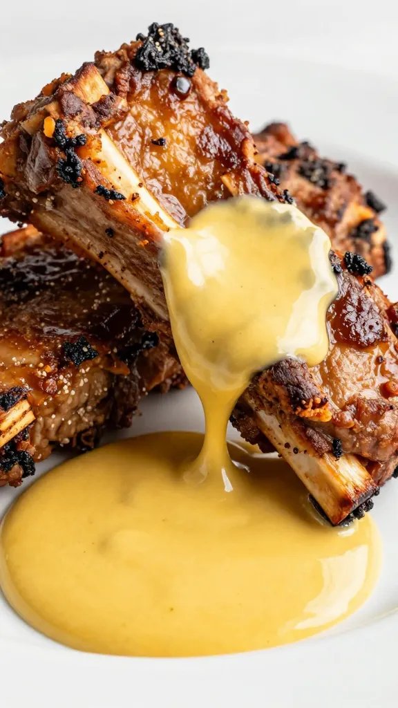 South Carolina mustard sauce on pork rib bone, tight shot