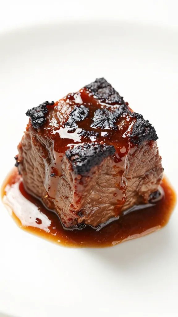 Single sauced burnt end cube, Kansas City style, macro