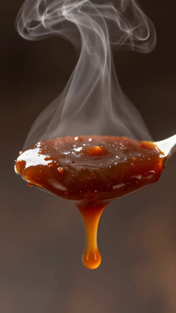 Spoonful of warm BBQ sauce, steam rising, tight macro
