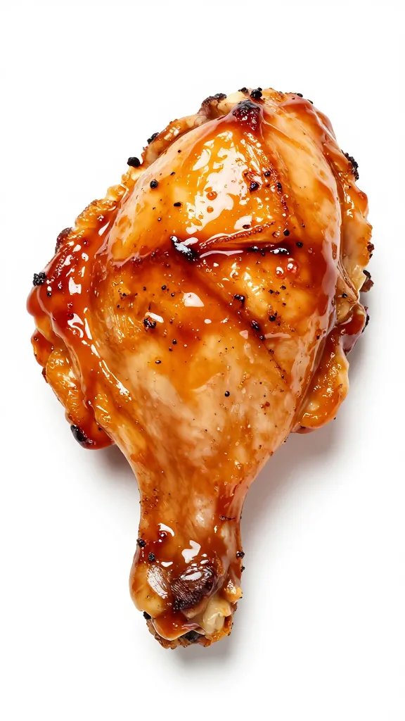 Single grilled chicken thigh lacquered in sweet sauce, closeup