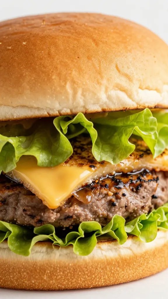 closeup of bunless grilled cheeseburger with lettuce wrap
