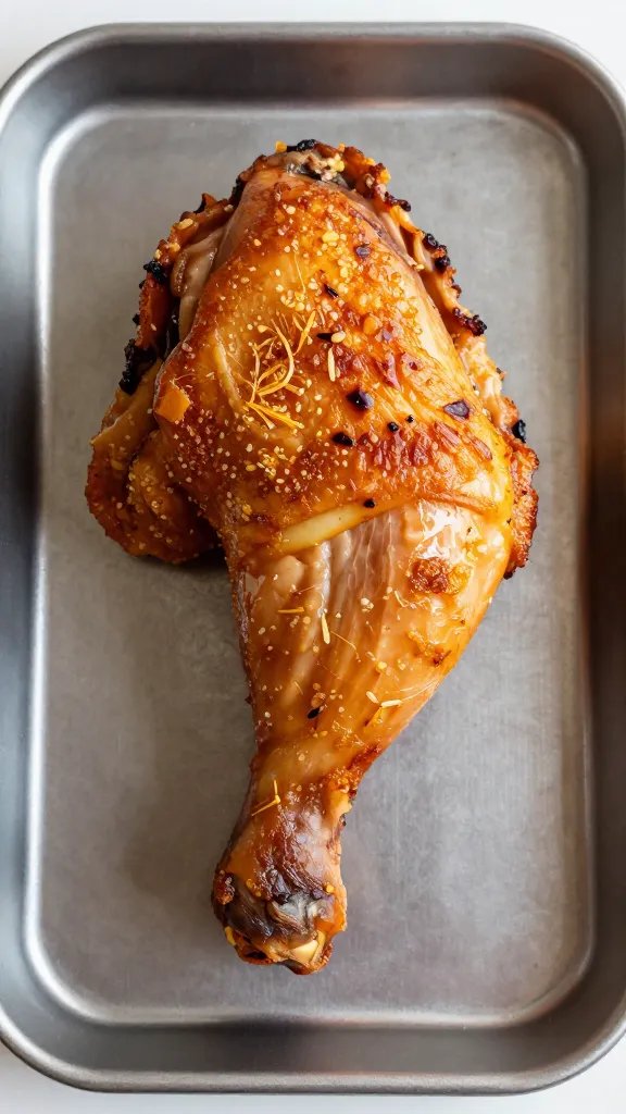 single smoked chicken thigh with crispy skin on tray